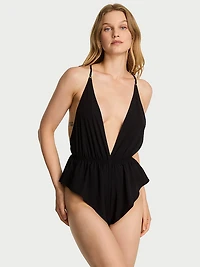 Chiffon Plunge Lace-Up Flutter Romper