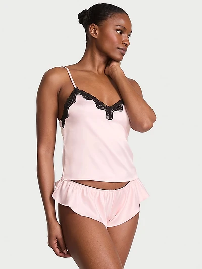 Tease Satin Lace-Trim Cami & Flutter Shorts Set