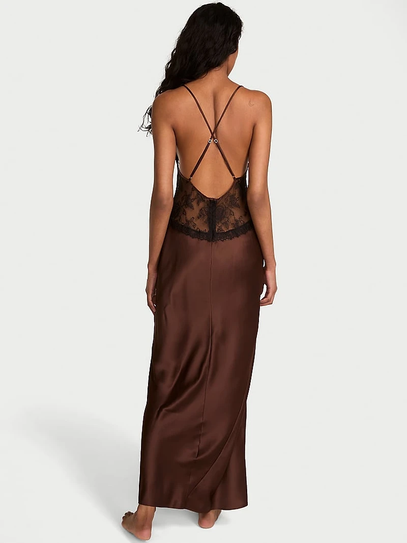 Satin Rose Lace Long Slip Dress