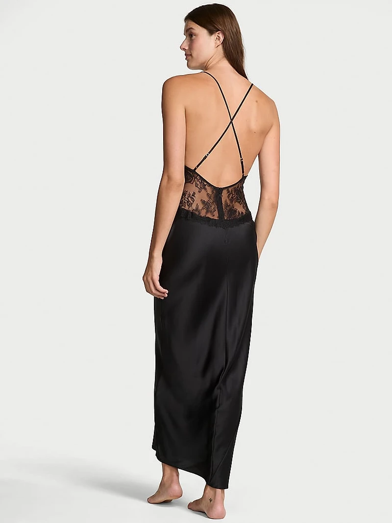 Satin Rose Lace Long Slip Dress