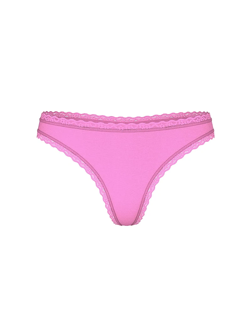 Cotton Pointelle Lace-Waist Thong