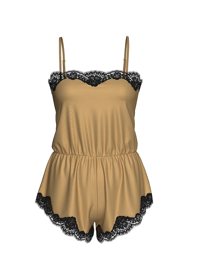 Satin Lace-Trim Romper
