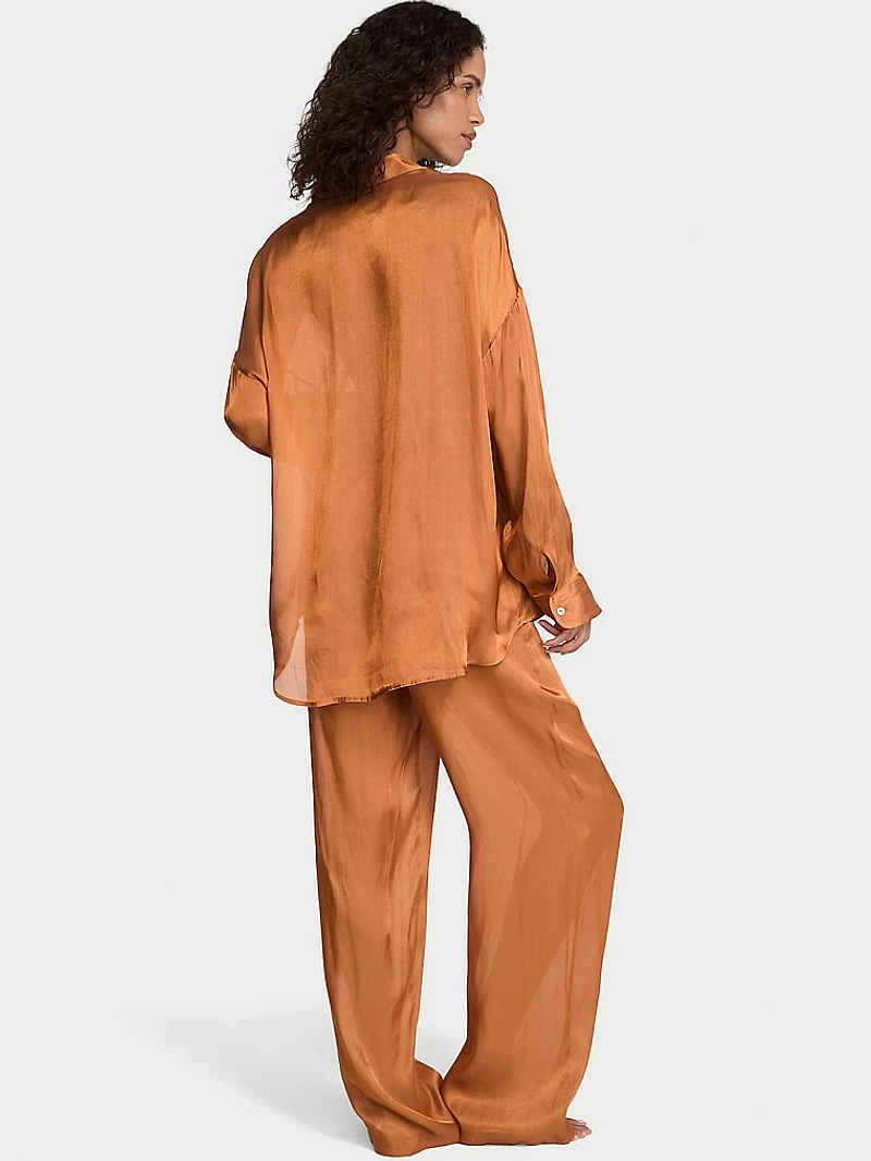 Luxe Sheer Satin Button-Front Long Pajama Set