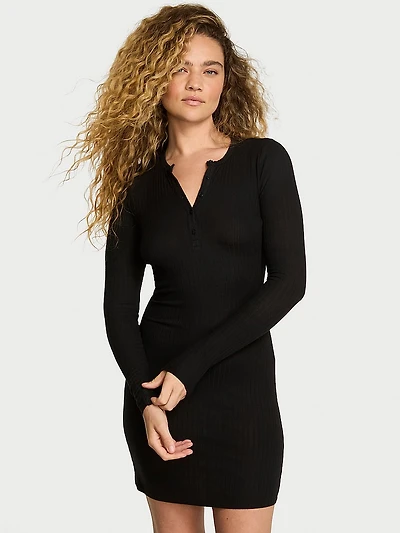Modal Wide-Rib Long-Sleeve Lounge Dress