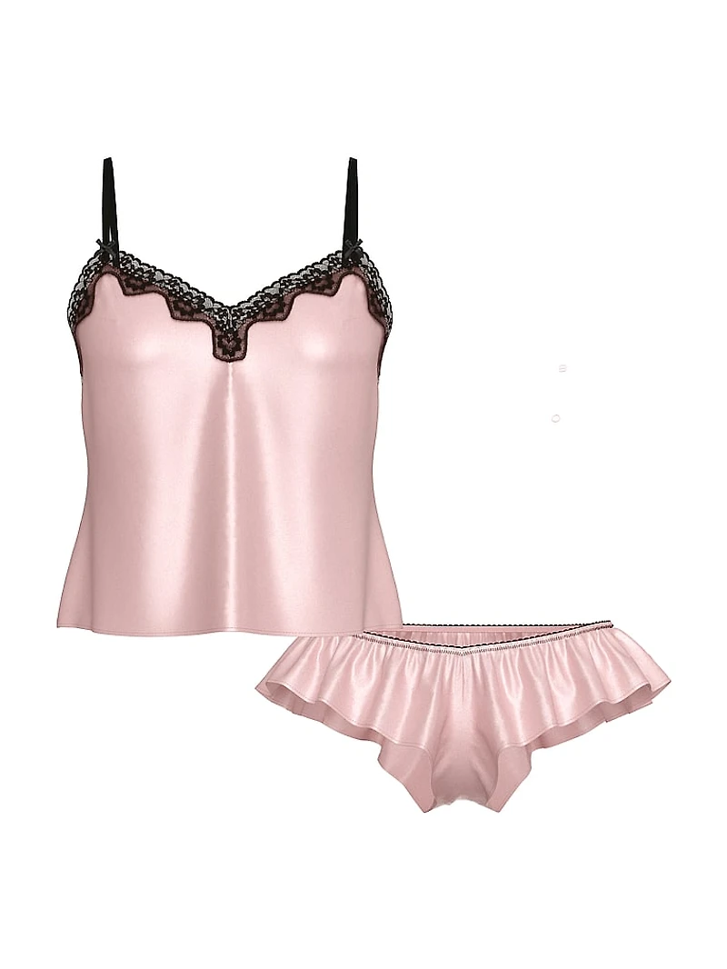 Tease Satin Lace-Trim Cami & Flutter Shorts Set