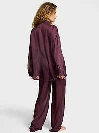 Luxe Sheer Satin Button-Front Long Pajama Set