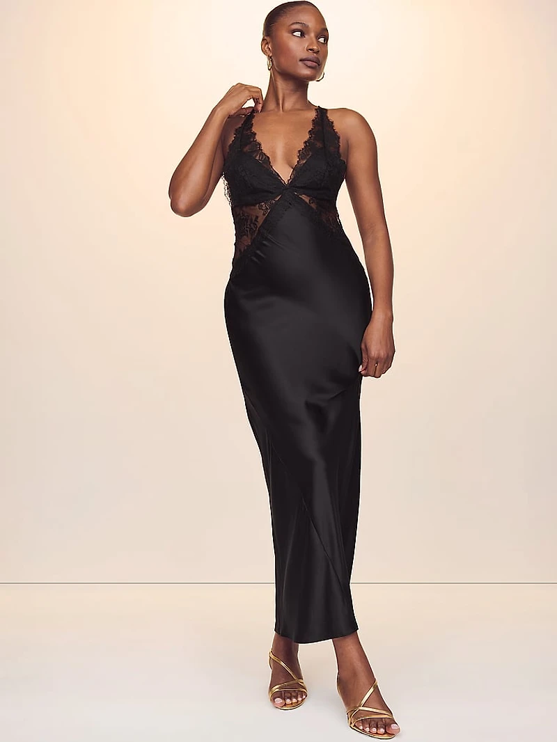 Satin Rose Lace Long Slip Dress