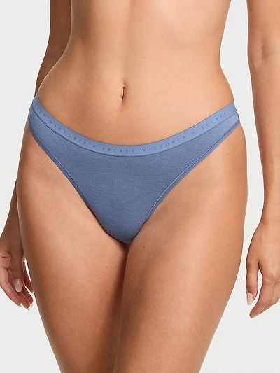 Body by Victoria Stretch Cotton Lace-Trim High-Leg Scoop Thong Panty