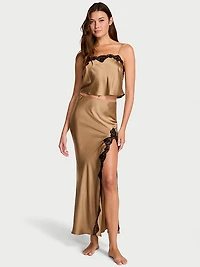 Satin Lace-Trim Cropped Top & Slip Skirt Set