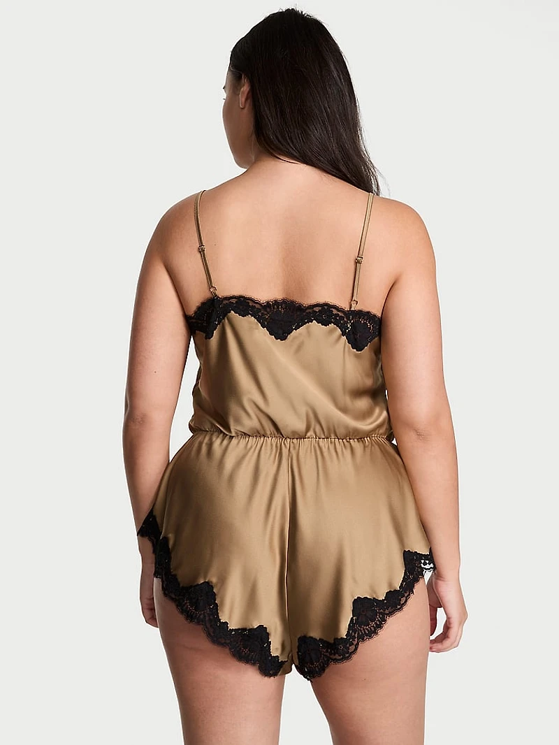 Satin Lace-Trim Romper