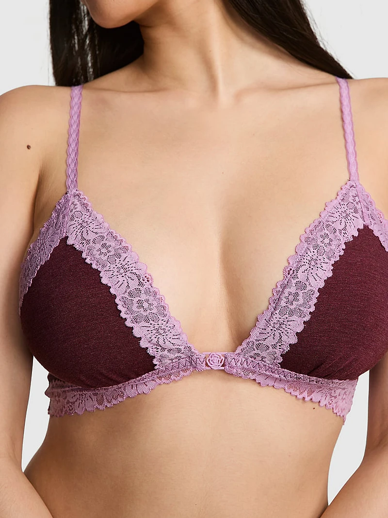 Cotton Lace-Trim Front-Close Triangle Bralette