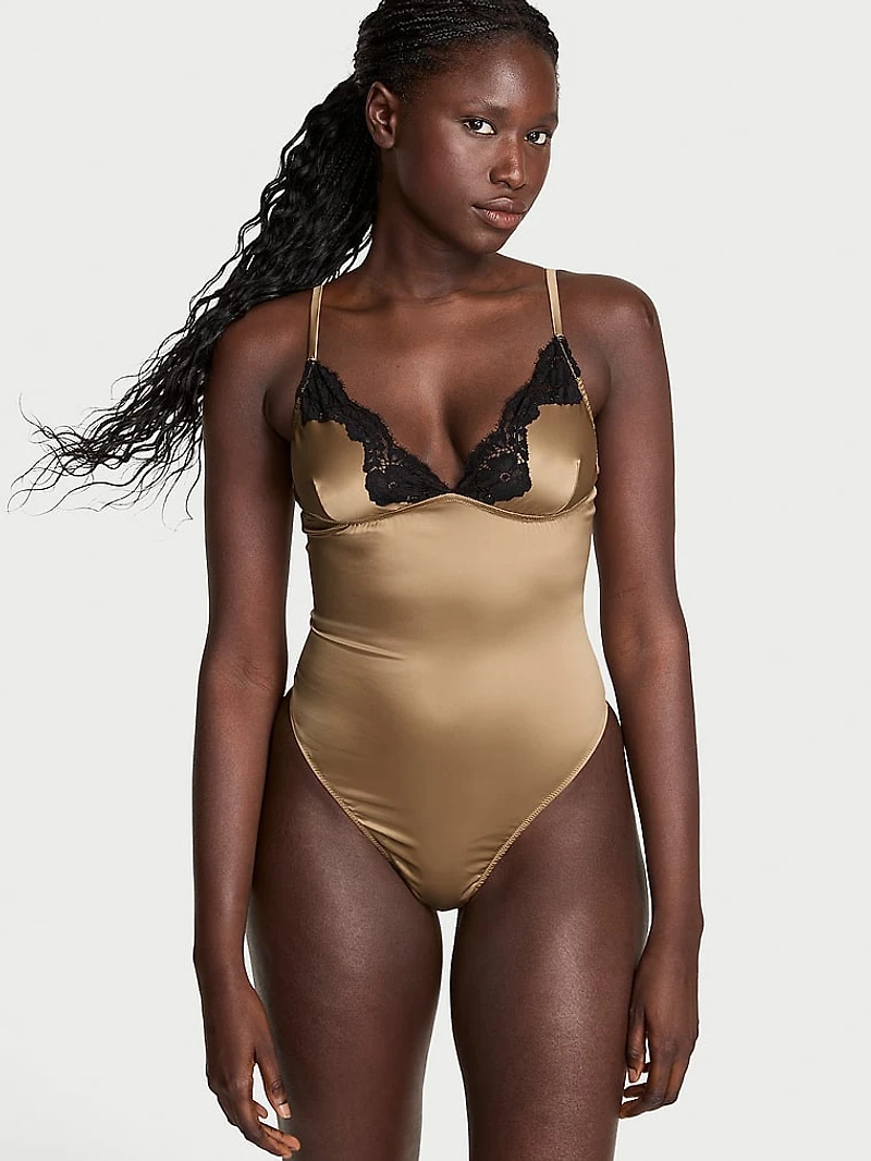 Satin Lace-Trim Bodysuit