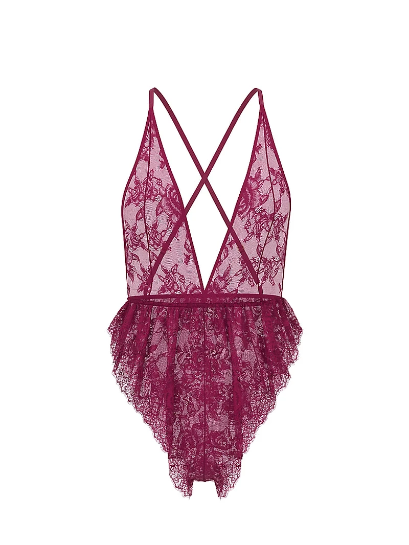 Rose Lace Plunge Flutter Romper