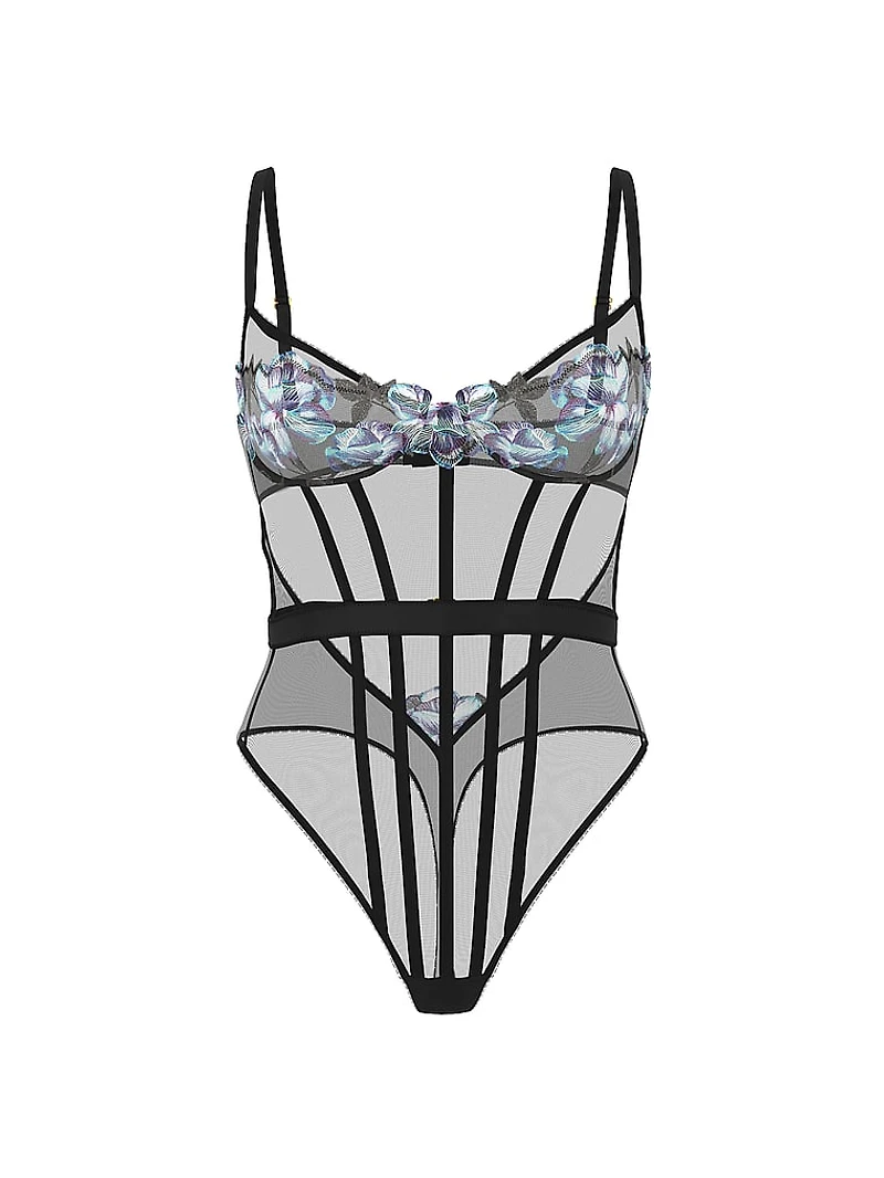 Electric Orchid Embroidery Sheer Bodysuit