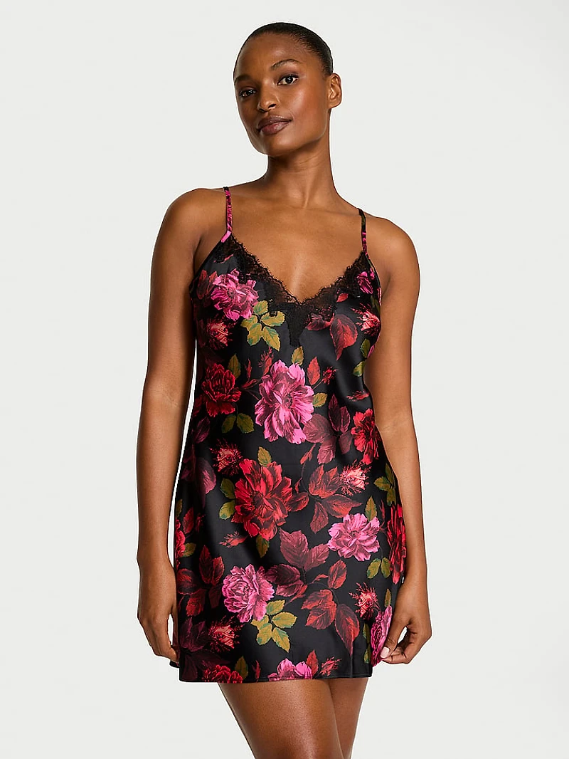 Satin Rose Lace-Trim Mini Slip Dress