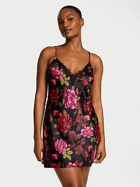 Satin Rose Lace-Trim Mini Slip Dress