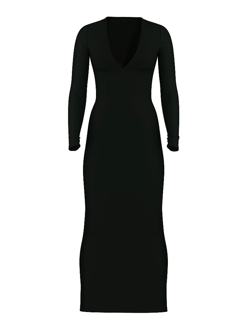 Luxe Ribbed Modal Deep-V Long-Sleeve Maxi Dress