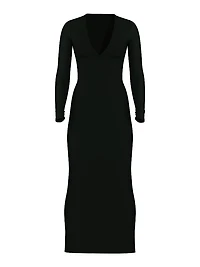 Luxe Ribbed Modal Deep-V Long-Sleeve Maxi Dress