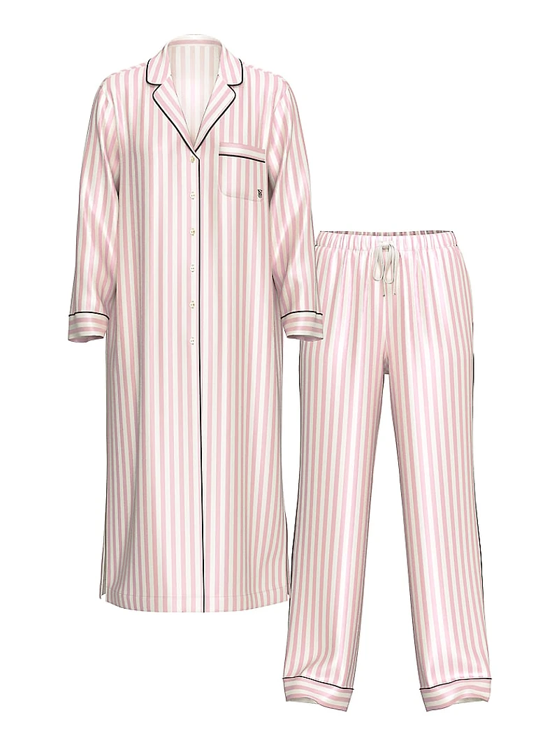 Glazed Satin Long Flyaway Tunic Pajama Set