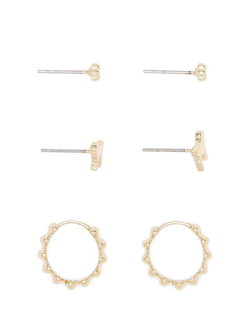 Silver 3-Pack Stud & Hoop Earring Set