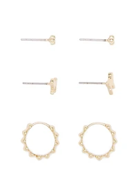 Silver 3-Pack Stud & Hoop Earring Set