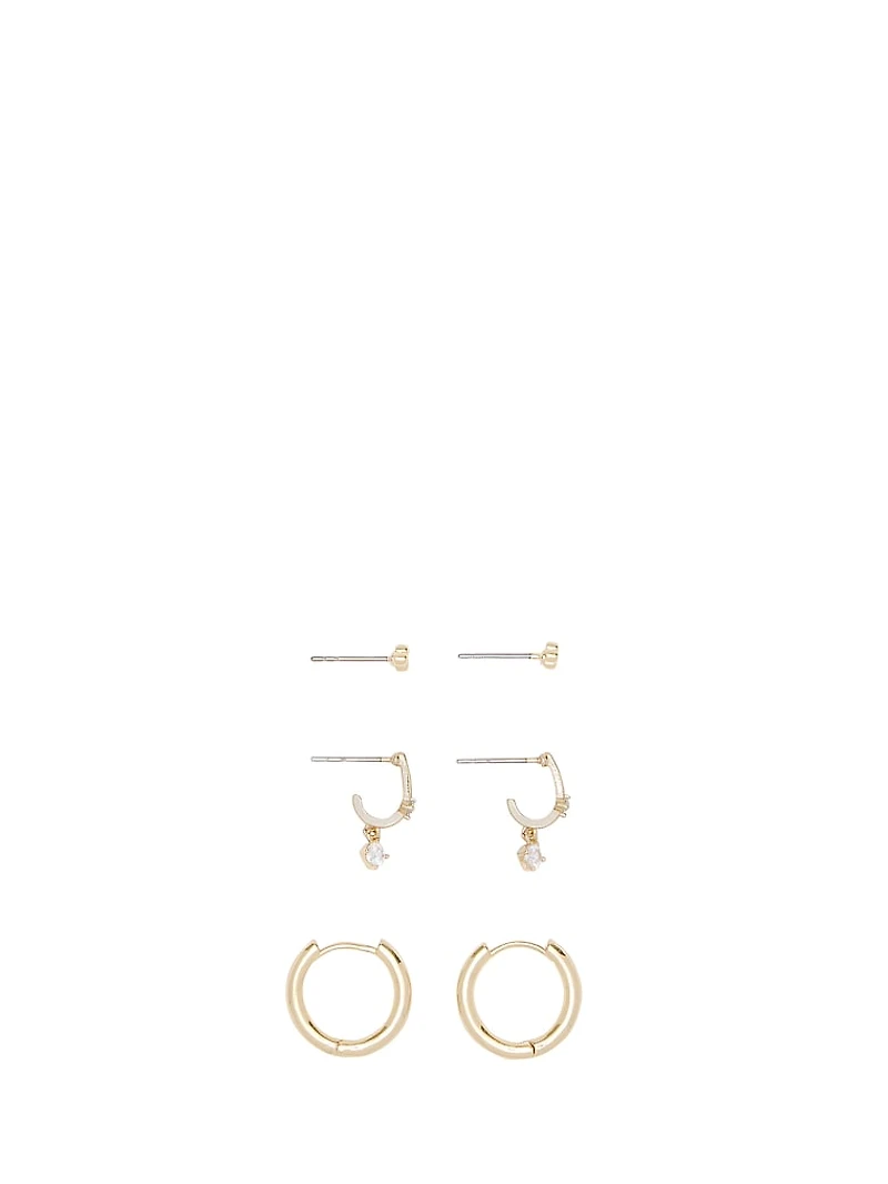 Gold 3-Pack Stud & Drop Hoop Earring Set