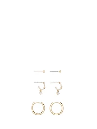 Gold 3-Pack Stud & Drop Hoop Earring Set