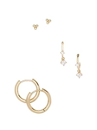 Gold 3-Pack Stud & Drop Hoop Earring Set