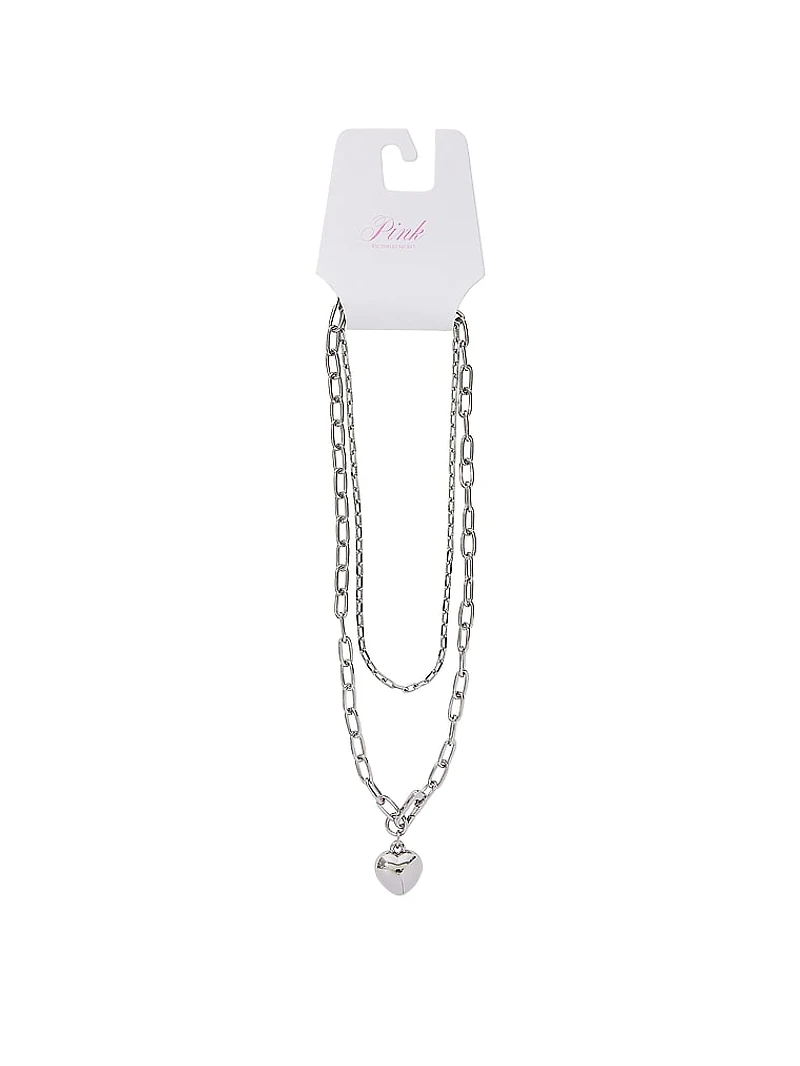 Silver 2-Piece Heart Layered Necklace Set