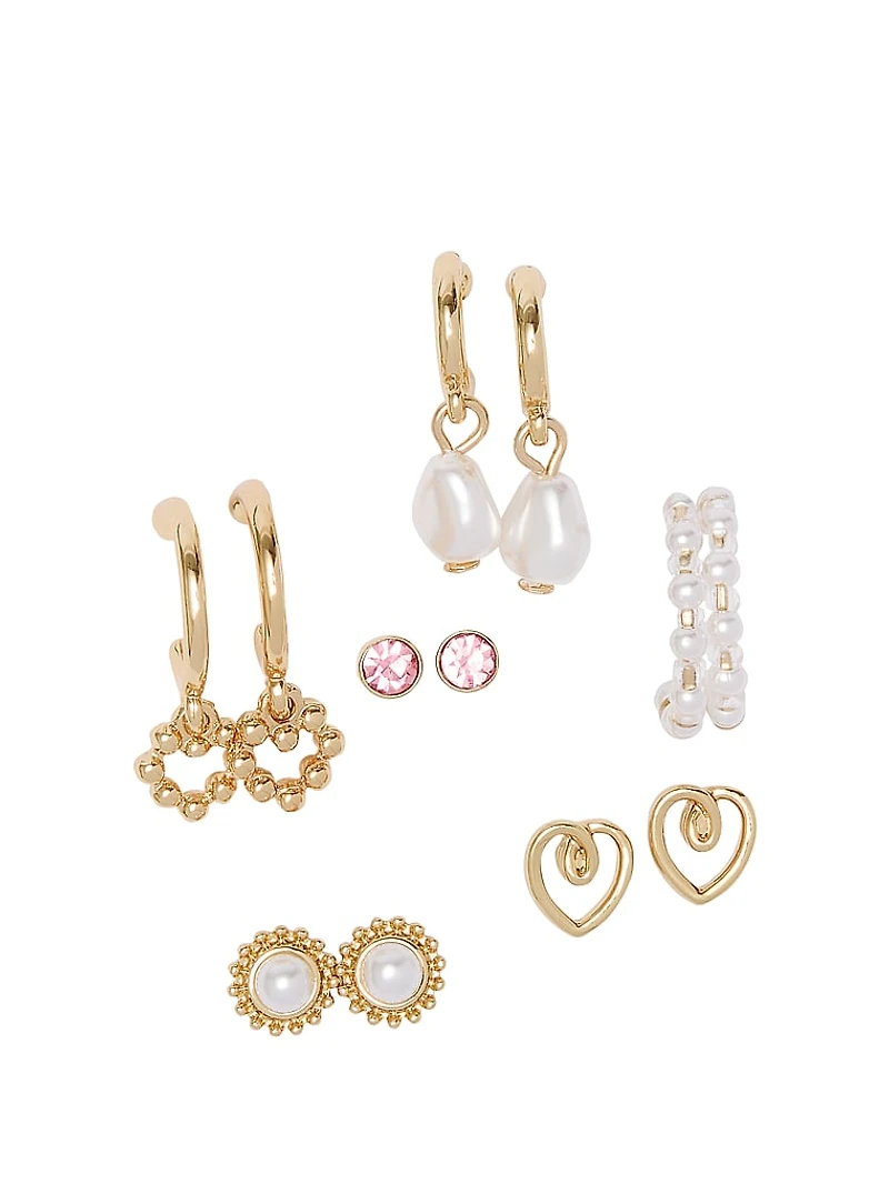 Gold & Pearl 10-Pack Stud & Hoop Earring Set