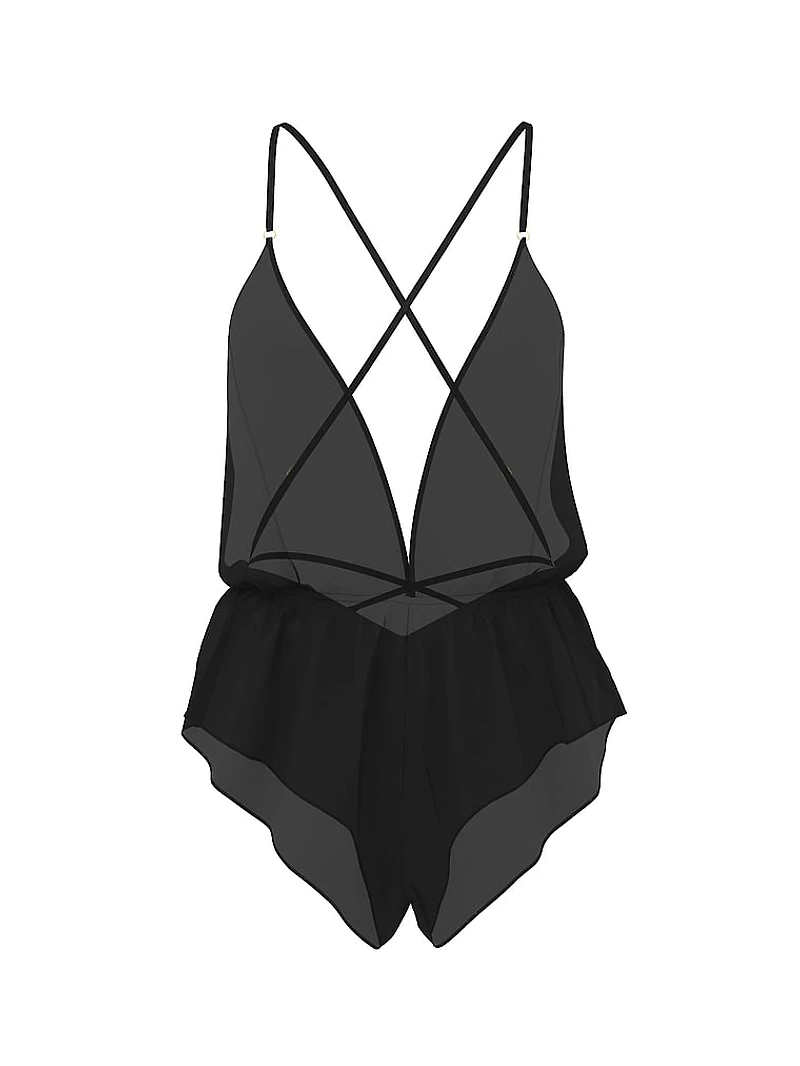 Chiffon Plunge Lace-Up Flutter Romper