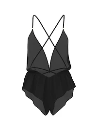Chiffon Plunge Lace-Up Flutter Romper