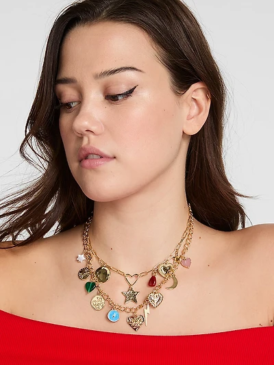 Gold Chunky Layered Charm Necklace Set