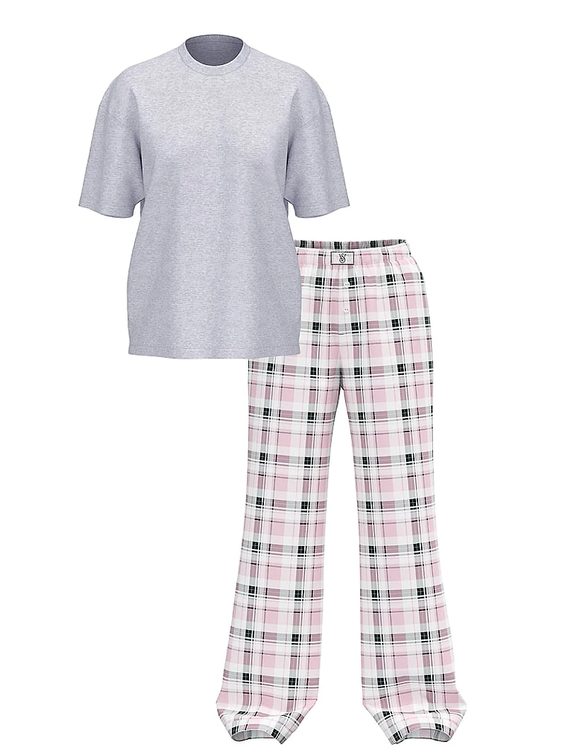 Flannel Short-Sleeve Long Tee-Jama Set