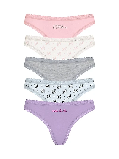 5-Pack Cotton Lace-Trim Thong Panties