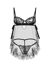 Wicked Sheer Unlined Lace-Trim Babydoll Set
