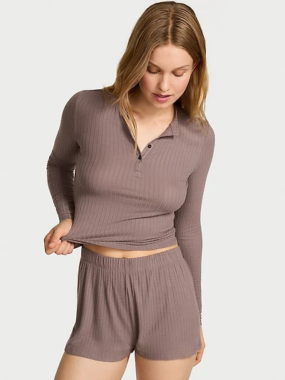 Modal Wide-Rib Long-Sleeve Short Lounge Set