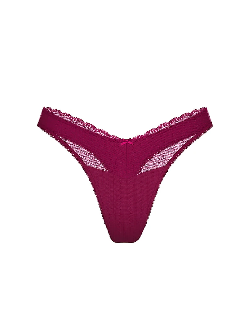 Body by Victoria Stretch Cotton Lace-Trim High-Leg Scoop Thong Panty