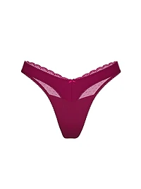 Body by Victoria Stretch Cotton Lace-Trim High-Leg Scoop Thong Panty