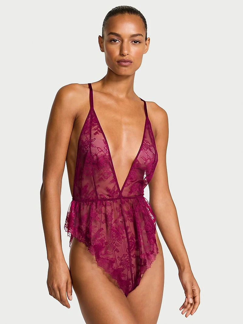 Rose Lace Plunge Flutter Romper