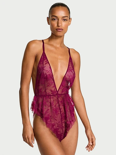 Rose Lace Plunge Flutter Romper