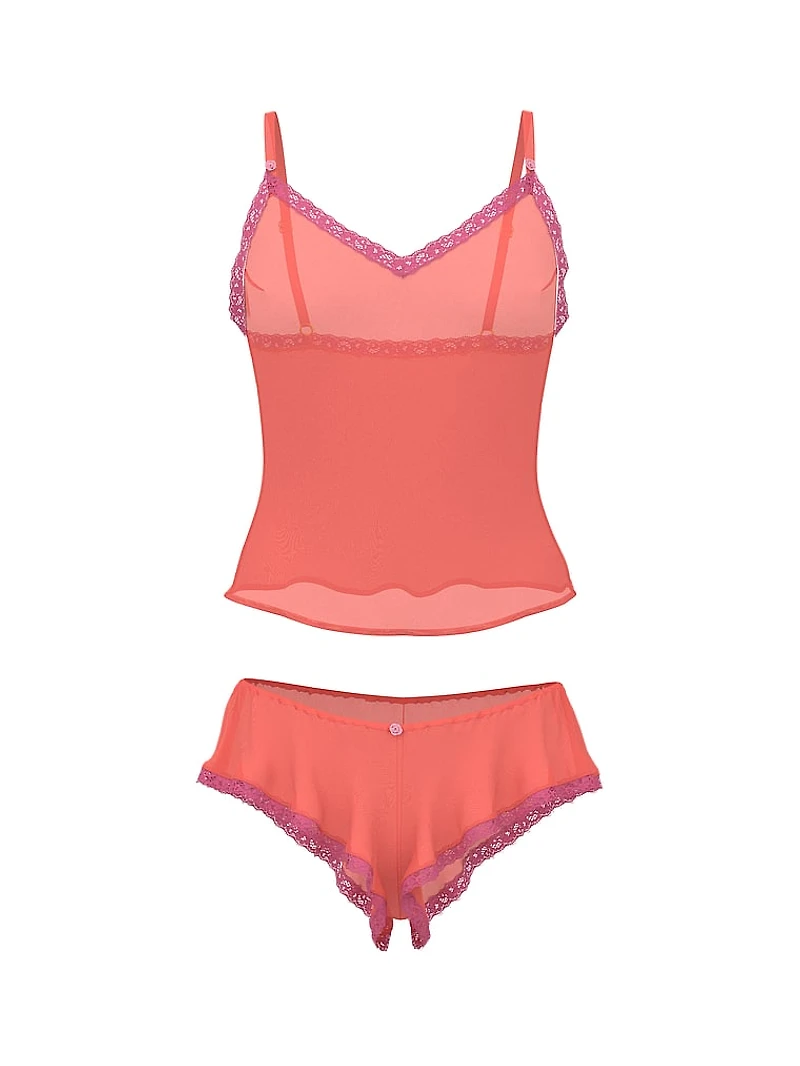 Chiffon Lace-Trim Cami & Flutter Shorts Set