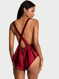 Satin Lace-Trim Square-Neck Flutter Romper