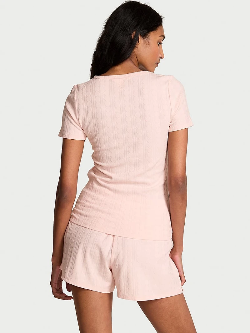 Heart Pointelle Short-Sleeve Henley & Shorts Set