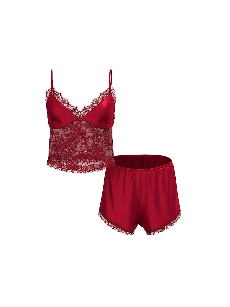 Satin Lace-Trim Cami & Flutter Short Set