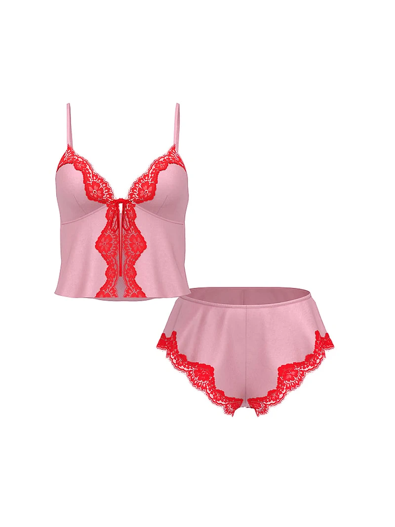 Satin Lace-Trim Flyaway Cami & Flutter Shorts Set