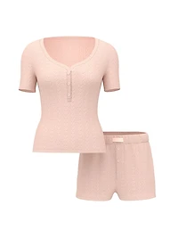 Heart Pointelle Short-Sleeve Henley & Shorts Set