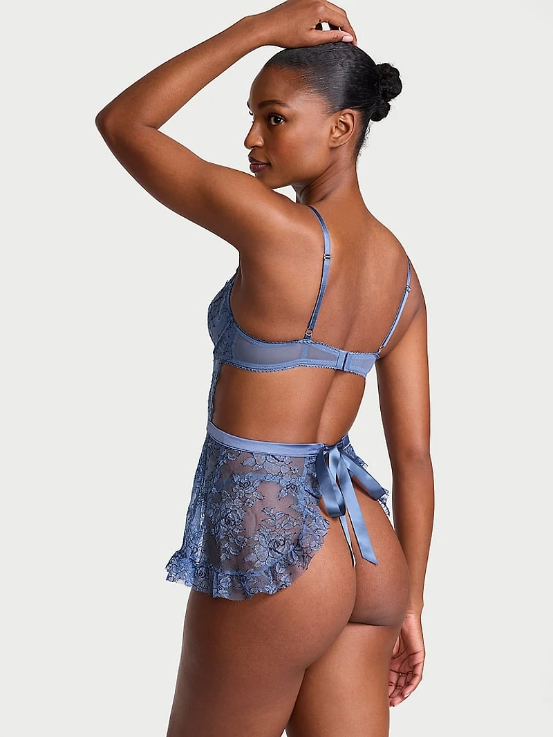 Wicked Unlined Denim Rose Lace Apron Set