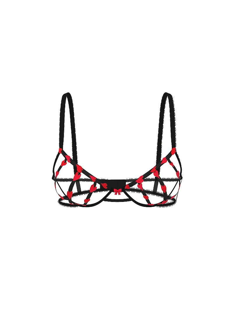 Heart Embroidery Strappy Open-Cup Demi Bra