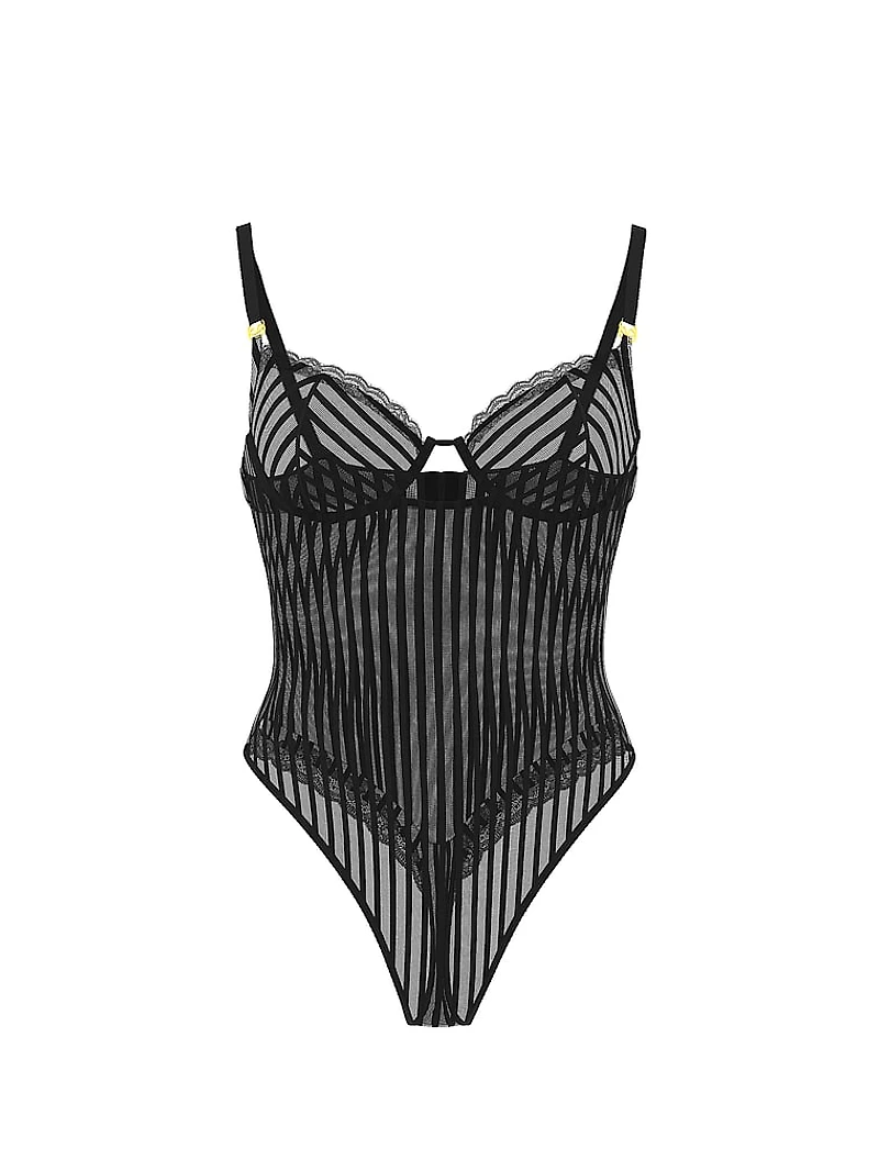 Tease Sheer Stripe Lace-Trim Cupped Bodysuit